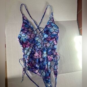 Purple Blue and White Mermaid Scale Print One Piece Bathing Suit Women's